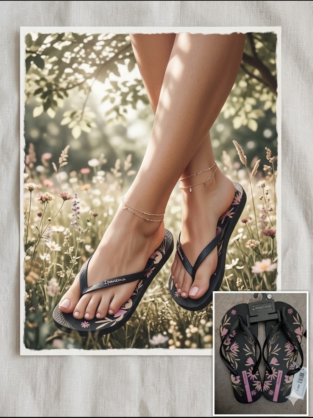 Ipanema Women's Black Flip Flops with Pink Floral Print